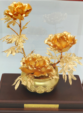 金箔牡丹花盆栽摆件高端商务礼品