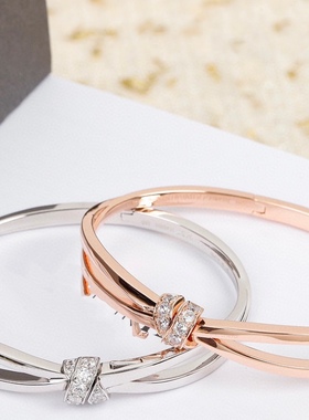 结缘交叉双环手镯女925纯银18K玫瑰白金钻抖音同款小众素圈手环