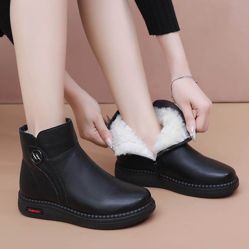 真皮妈妈棉鞋女羊毛加绒保暖防滑中老年人平底软底皮毛一体短靴子,淘宝优惠券,粉丝福利购,淘宝优惠卷