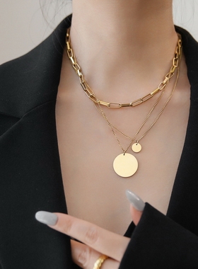 潮人多层叠戴锁条大小圆牌项链
