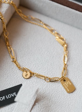 洗澡不用摘小众设计高级感镀18K金双层方牌金色人像手链女不掉色