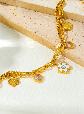 欧美时尚简约镶钻爱心白贝花朵双层叠戴不锈钢链条手链