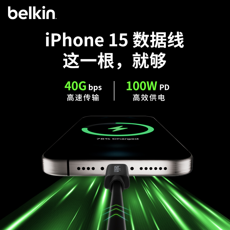 Belkin贝尔金雷电/USB4全功能Type-C数据线0.8米兼容USB3适用苹果Phone15ProMax/iPadPro高速40gbps传输充电 - 图0