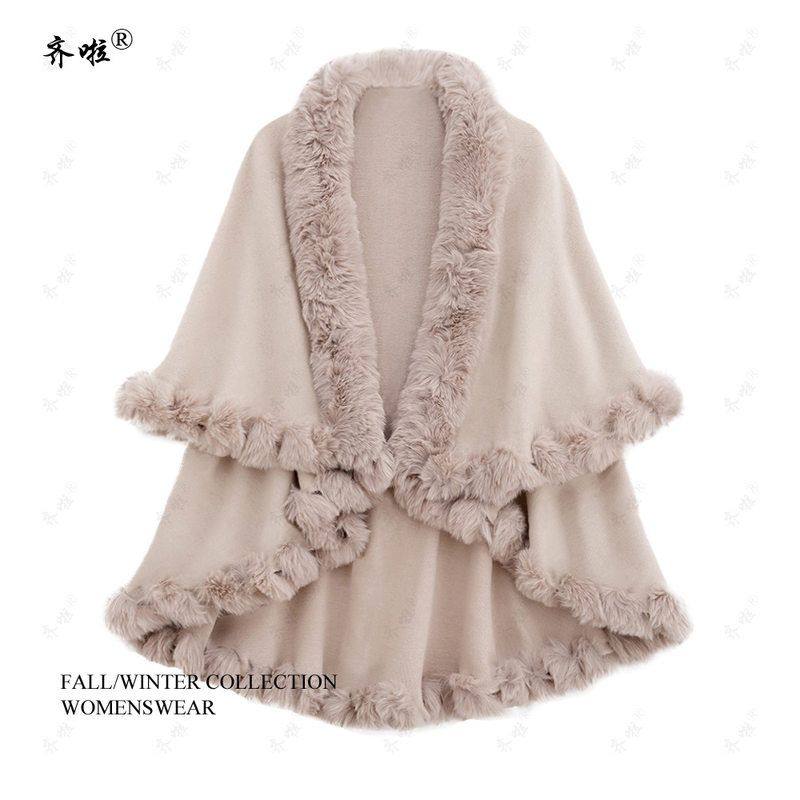 直播外贸供货秋冬獭兔毛领双层仿羊绒斗篷披肩大码针织开衫外套女,淘宝优惠券,粉丝福利购,淘宝优惠卷