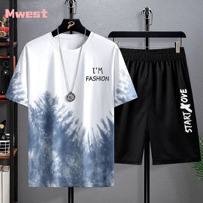 2021新款冰丝渐变套装男短袖t恤夏季休闲短裤运动两件套帅气男装,淘宝优惠券,粉丝福利购,淘宝优惠卷