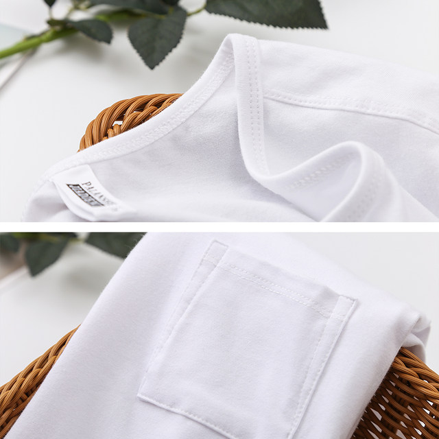 Spring and Autumn New Korean Style Round Neck Slim Sleeve Pocket Decoration Three Quarter Sleeves Pure White Solid Color Simple T-Shirt for Women