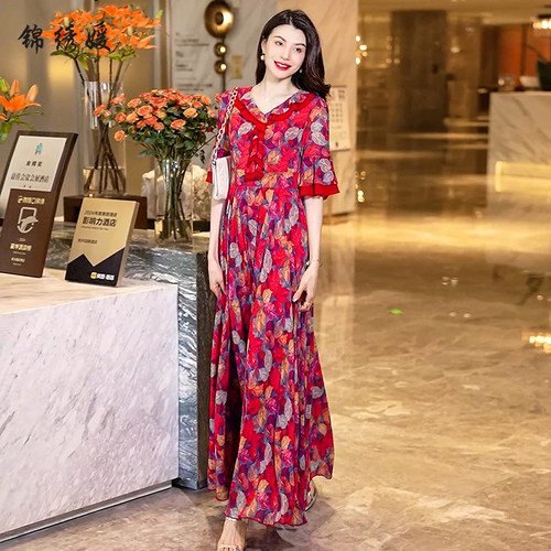 2026新款碎花连衣裙女夏长款到脚踝荷叶领长裙夏天大摆裙V领雪纺 - 图2