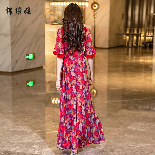 2026新款碎花连衣裙女夏长款到脚踝荷叶领长裙夏天大摆裙V领雪纺 - 图3