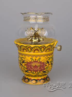 栖真安福 陶瓷唐彩莲花油灯 长明灯 液体酥油灯 供佛灯座  莲花灯