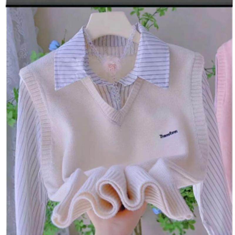 学院风毛衫秋季新款假两件拼接针织衫别致小众马甲长袖上衣毛衣