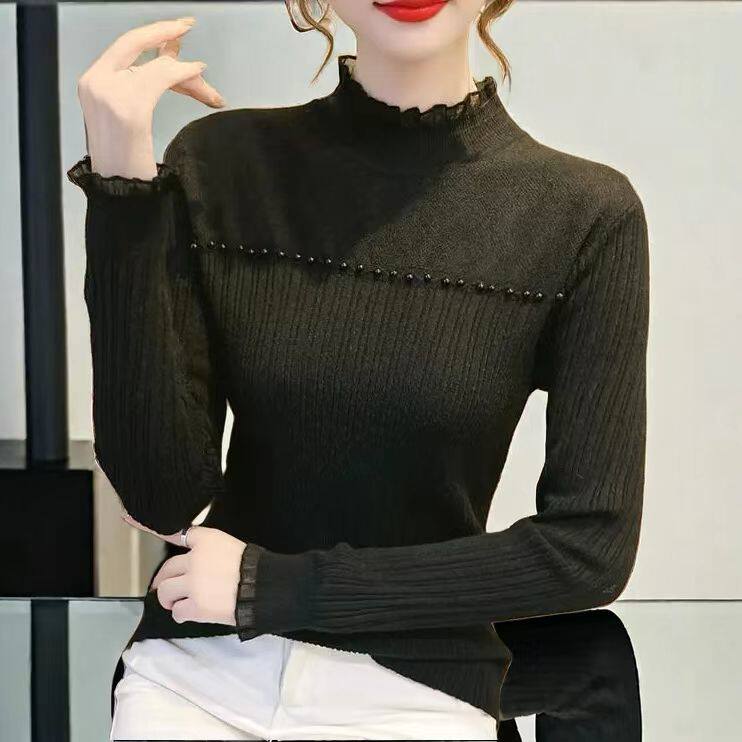 2024秋冬打底衫女保暖毛衣秋冬新款半高领加厚内搭洋气蕾丝针织衫
