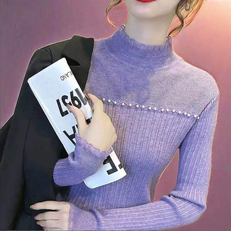 2024秋冬打底衫女保暖毛衣秋冬新款半高领加厚内搭洋气蕾丝针织衫