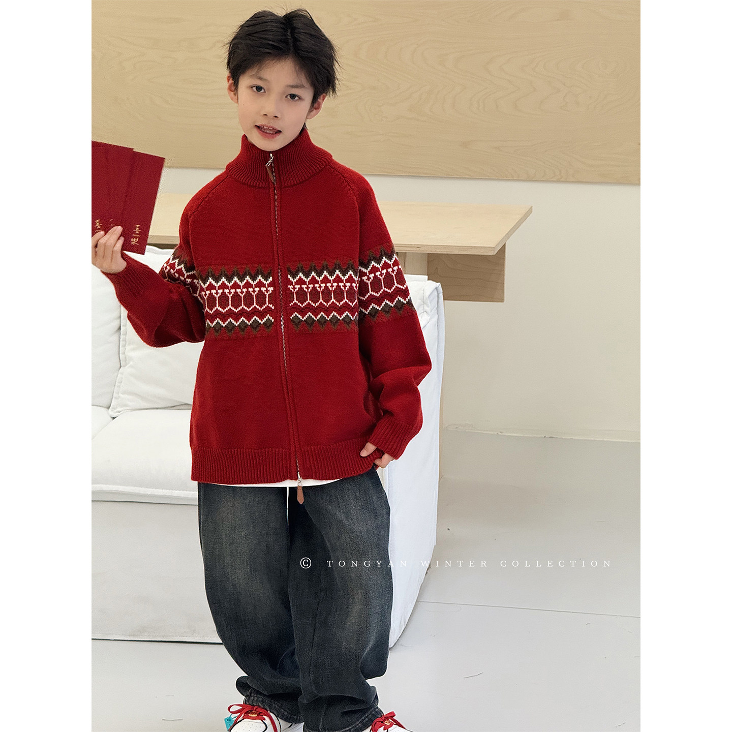 男童毛衣2025冬装新款红色新年拜年服加厚开衫毛线衣儿童针织外套,淘宝优惠券,粉丝福利购,淘宝优惠卷