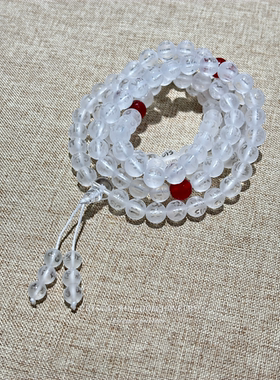 正品天然白水晶磨砂六字真言红玛瑙佛珠项链108颗念珠居士手串链