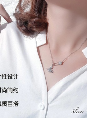 s925纯银土星别针满钻项链女轻奢高级感百搭轻奢锁骨链送女友礼物