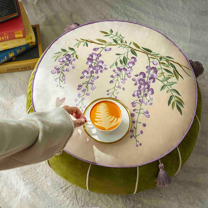 法式紫藤花刺绣坐墩客厅榻榻米坐垫阳台飘窗地上懒人沙发看书蒲团,淘宝优惠券,粉丝福利购,淘宝优惠卷