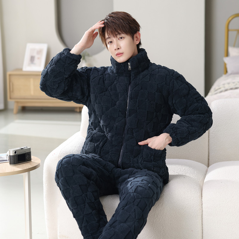 冬款男士拉链玫瑰绒三层加厚夹棉睡衣保暖冬中青年加绒家居服套装,淘宝优惠券,粉丝福利购,淘宝优惠卷
