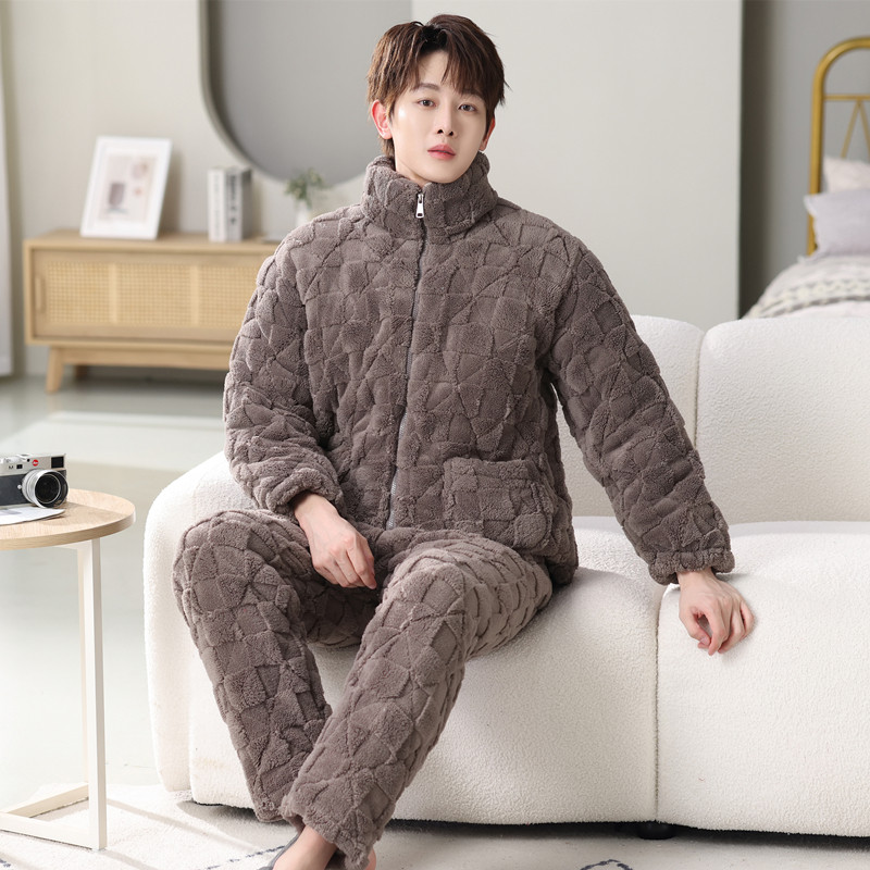 冬款男士拉链玫瑰绒三层加厚夹棉睡衣保暖冬中青年加绒家居服套装,淘宝优惠券,粉丝福利购,淘宝优惠卷