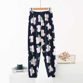 Summer cotton silk women's pajama pants rayon floral thin long anti-mosquito pants leggings slim breathable casual wear ນອກ