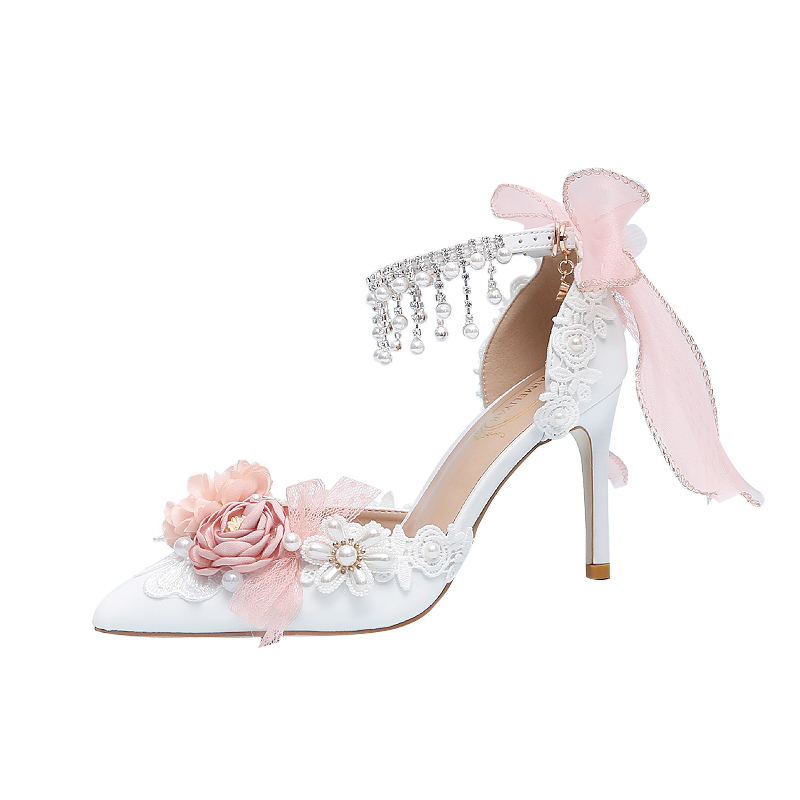 珍珠水钻一字式腕带甜美花嫁新娘女高跟鞋粉色蝴蝶结花朵伴娘婚鞋