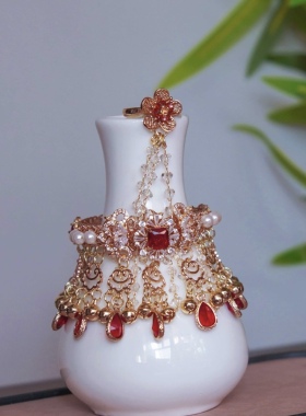 芳菲雪手工汉服异域风戒指手镯一体新娘结婚红色手链首饰