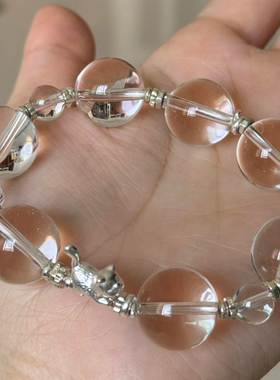 双A天然白水晶手串纯银小猫咪碎银手饰ins冰透母亲节礼物手链女款