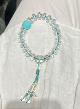 白水晶纯银手持念珠10mm药片珠10A级净水手持高瓷绿松石扎吉拉姆