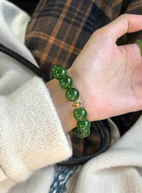 圆珠碧玉手串圆珠新中式女菠菜绿