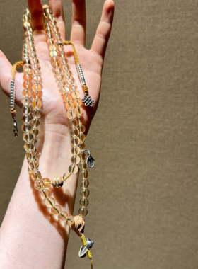 天然巴西黄水晶108颗佛珠8mm暴富纯银念珠印度迈索尔老山檀项链