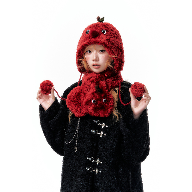 杨二大梦原创原创设计可爱苹果帽子加围巾冬季保暖毛线帽针织围脖 - 图1