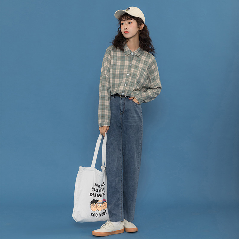 polo领格纹宽松长袖2020初秋季衬衫 skgirl衬衫