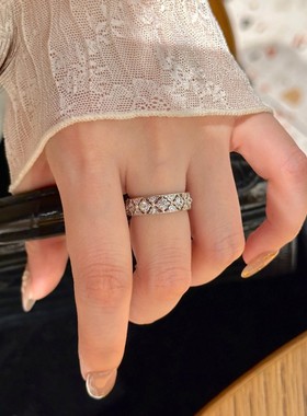 s925银轻奢菱格蕾丝雕花镂空戒指