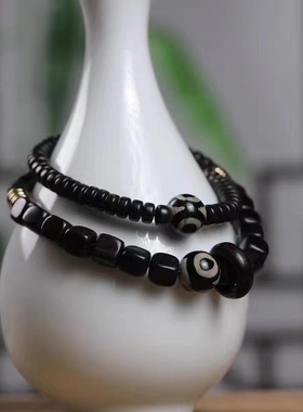 正宗黑檀木方块双圈手链暗色系复古文玩手串佛珠念珠跑环款紫光檀