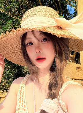 法式蝴蝶结遮阳草编帽女夏季大檐