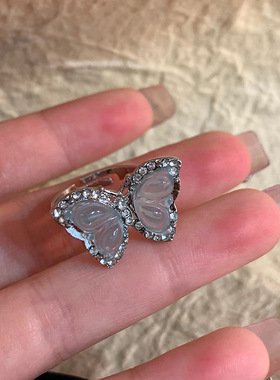 小众轻奢蓝色树脂蝴蝶戒指女风简约高级感指环超仙甜美手饰品