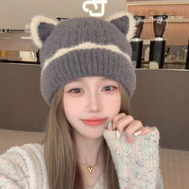 Autumn Winter day Faculty plush hat Warm Protective Ear Head Circumference Knit Hat Cartoon Cute Cat Ears Wool Line Hat Woman