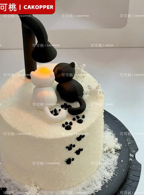黑白小猫路灯软胶摆件情人节七夕节日蛋糕装饰告白求婚氛围感道具