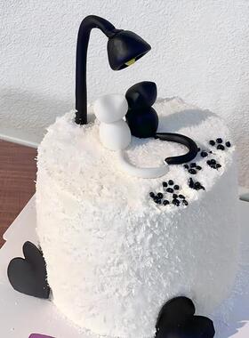 爱心蜡烛黑色气球路灯小猫摆件520情侣周年纪念蛋糕装饰烘焙插件