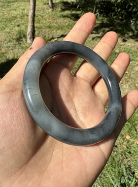 金玉玲珑和田玉新疆籽料青花墨玉手镯丹青水墨特色圆条美人镯54+