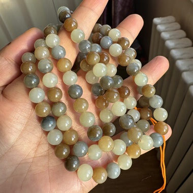 新疆且末料和田玉楼兰三色108长链油糯细腻8mm项链手链毛衣链收藏