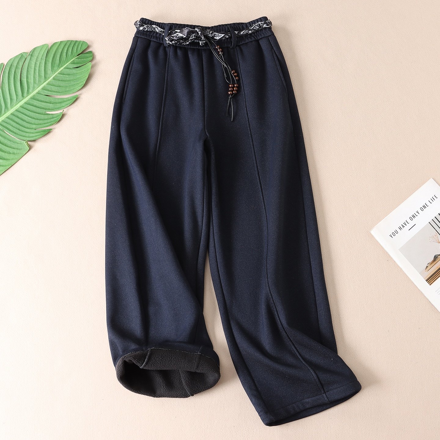 710克~韩系配腰带加厚绒保暖显瘦阔腿裤女冬新休闲弯刀长裤子 W26,淘宝优惠券,粉丝福利购,淘宝优惠卷