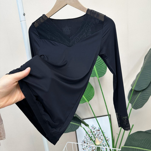 秋冬超薄保暖基底衣性感蕾丝V领紧身打底秋衣面膜美肤衣女W3237 - 图2