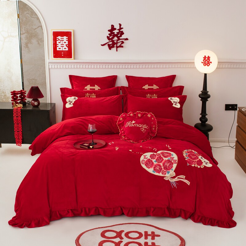 牛奶绒结婚四件套冬季珊瑚绒红色婚庆床上用品加厚花边款被套喜被,淘宝优惠券,粉丝福利购,淘宝优惠卷