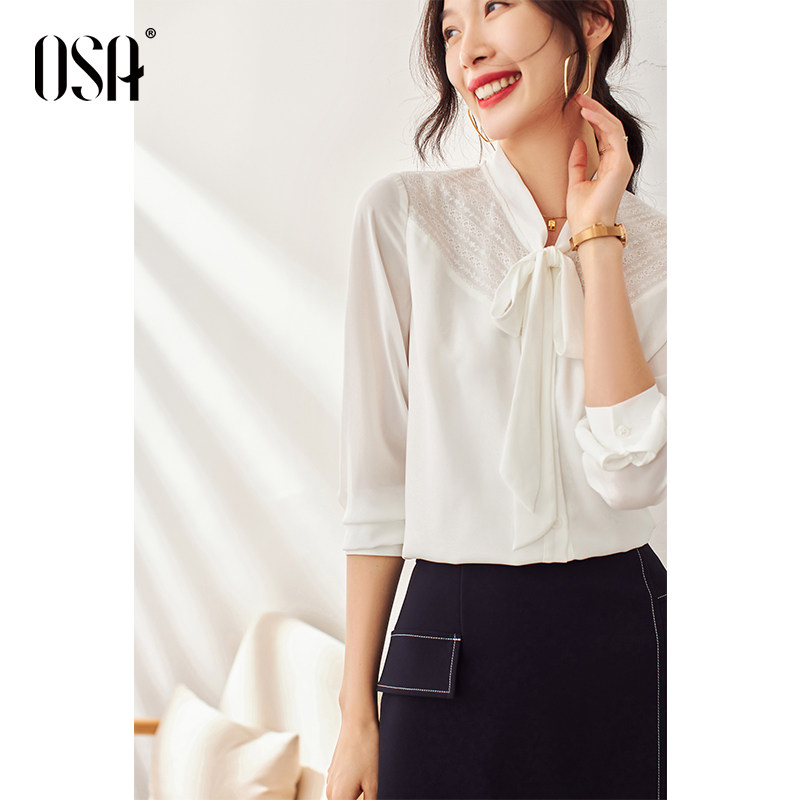 osa欧莎白色雪纺长袖春装新款衬衫 osa卿衣落衬衫