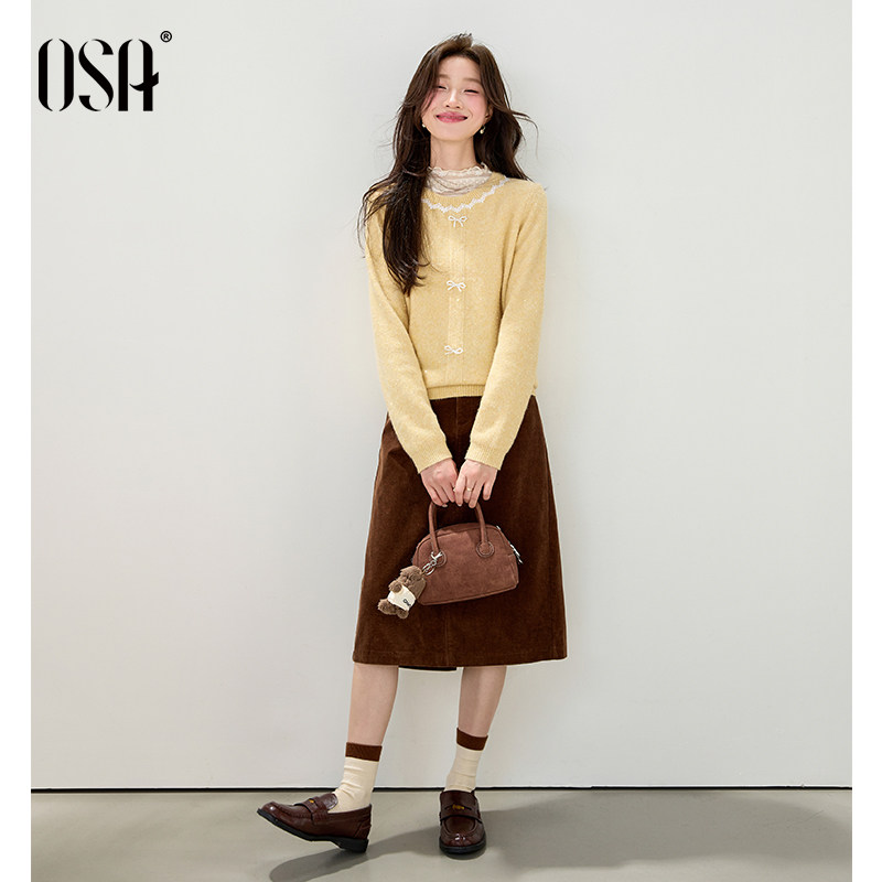 OSA欧莎浪漫蕾丝边圆领毛针织衫女秋季2025新款蝴蝶结套头衫上衣,淘宝优惠券,粉丝福利购,淘宝优惠卷