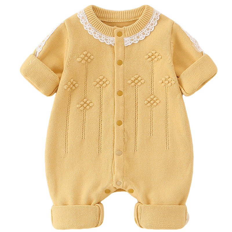 婴儿衣服秋冬连体毛衣女宝宝满月公主服黄色棉线爬服可爱潮流套装,淘宝优惠券,粉丝福利购,淘宝优惠卷