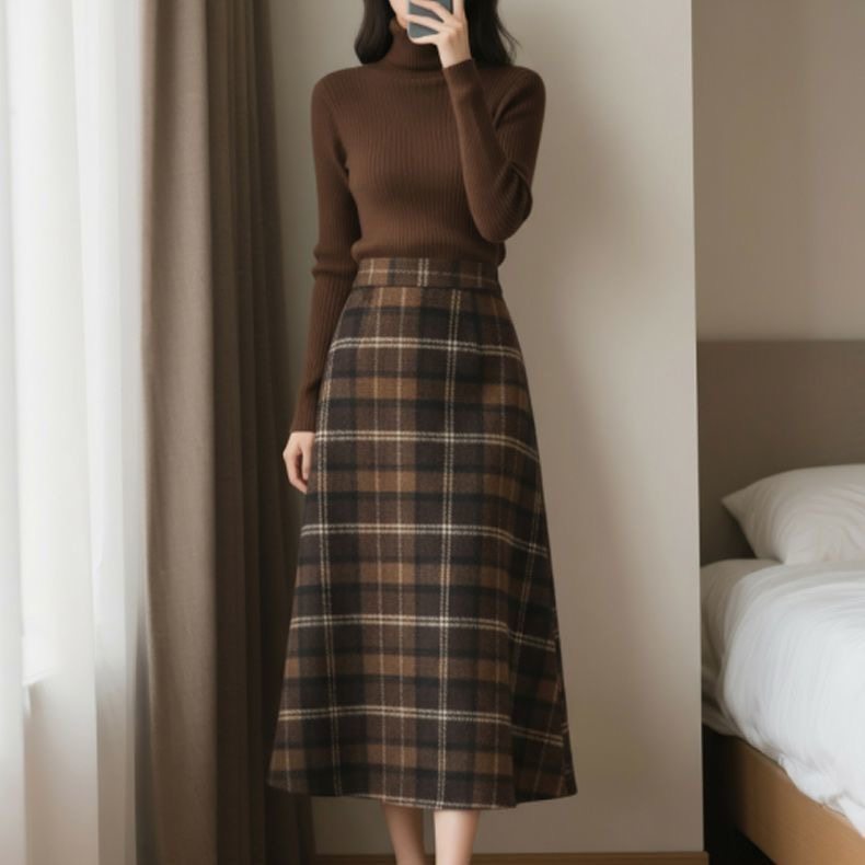 冬裙咖啡色新款女装时尚复古高领毛衣上衣格纹半身裙显瘦洋气套装,淘宝优惠券,粉丝福利购,淘宝优惠卷