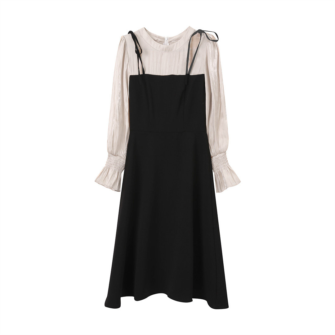 法式复古赫本风假两件长袖连衣裙 雪知芊连衣裙