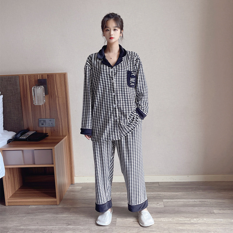 秋冬千鸟格大码天鹅绒情侣睡衣女长袖韩版200斤男士家居服两件套,淘宝优惠券,粉丝福利购,淘宝优惠卷