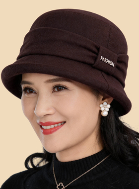 秋冬天妈妈帽子女士渔夫帽保暖中老年人加厚毛呢盆帽老人奶奶帽子